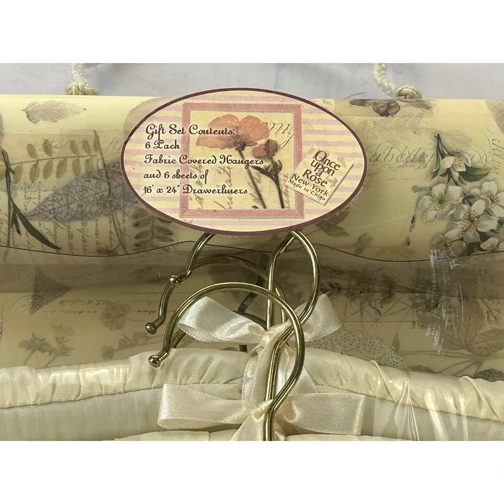 Once Upon A Rose Hanger & Drawer Liner Gift Set 6 Satin Hangers Floral